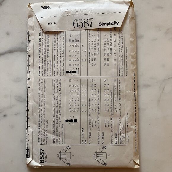 SIMPLICITY 6587 MISSES PLEATED FRENCH CUFF FLY FRONT BLOUSE PATTERN SZ 14 UNCUT - Picture 6 of 8